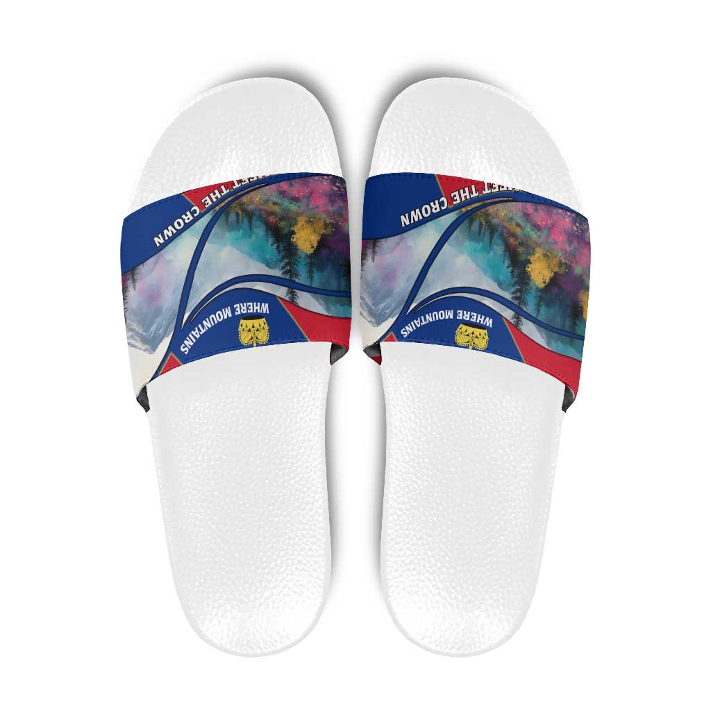 Liechtenstein Slide Sandals with Red Blue Mountain Landscape Design and Crown Emblem - Wonder Print Shop