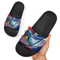 Liechtenstein Slide Sandals with Red Blue Mountain Landscape Design and Crown Emblem - Wonder Print Shop