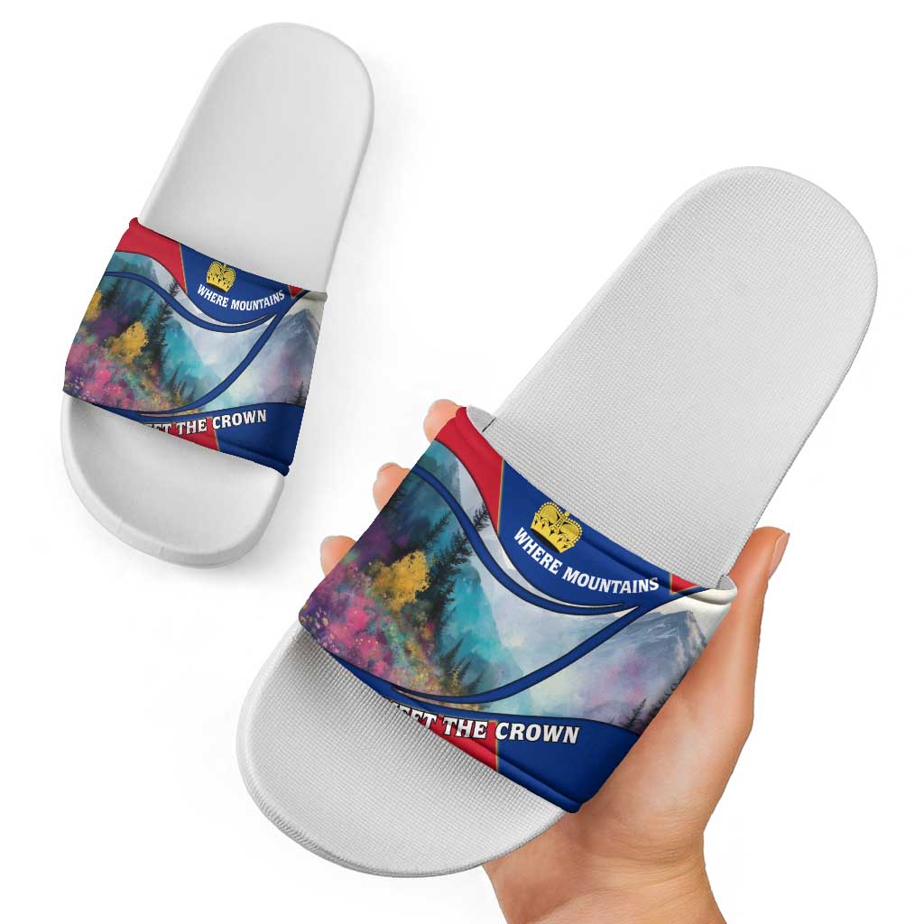 Liechtenstein Slide Sandals with Red Blue Mountain Landscape Design and Crown Emblem - Wonder Print Shop