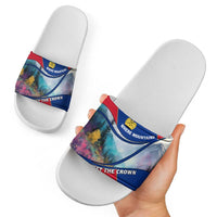 Liechtenstein Slide Sandals with Red Blue Mountain Landscape Design and Crown Emblem - Wonder Print Shop