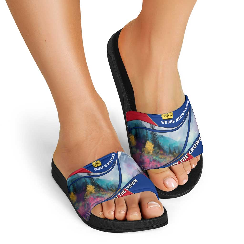 Liechtenstein Slide Sandals with Red Blue Mountain Landscape Design and Crown Emblem - Wonder Print Shop