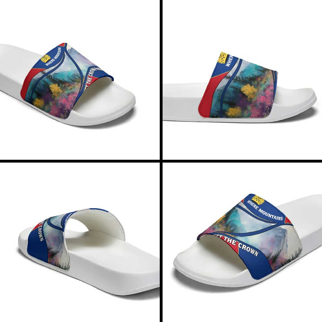 Liechtenstein Slide Sandals with Red Blue Mountain Landscape Design and Crown Emblem - Wonder Print Shop