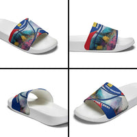 Liechtenstein Slide Sandals with Red Blue Mountain Landscape Design and Crown Emblem - Wonder Print Shop