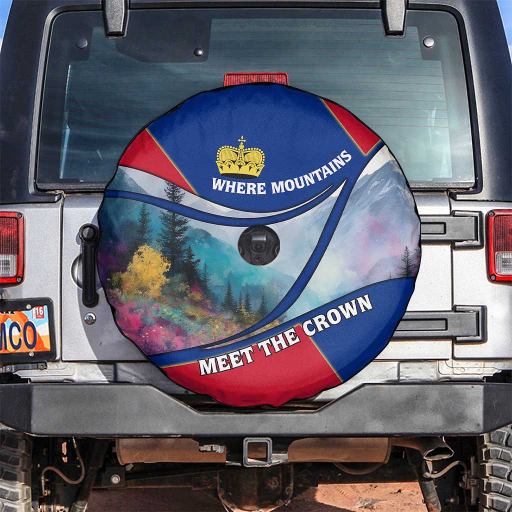Liechtenstein Spare Tire Cover with Red Blue Mountain Landscape Design and Crown Emblem - Wonder Print Shop