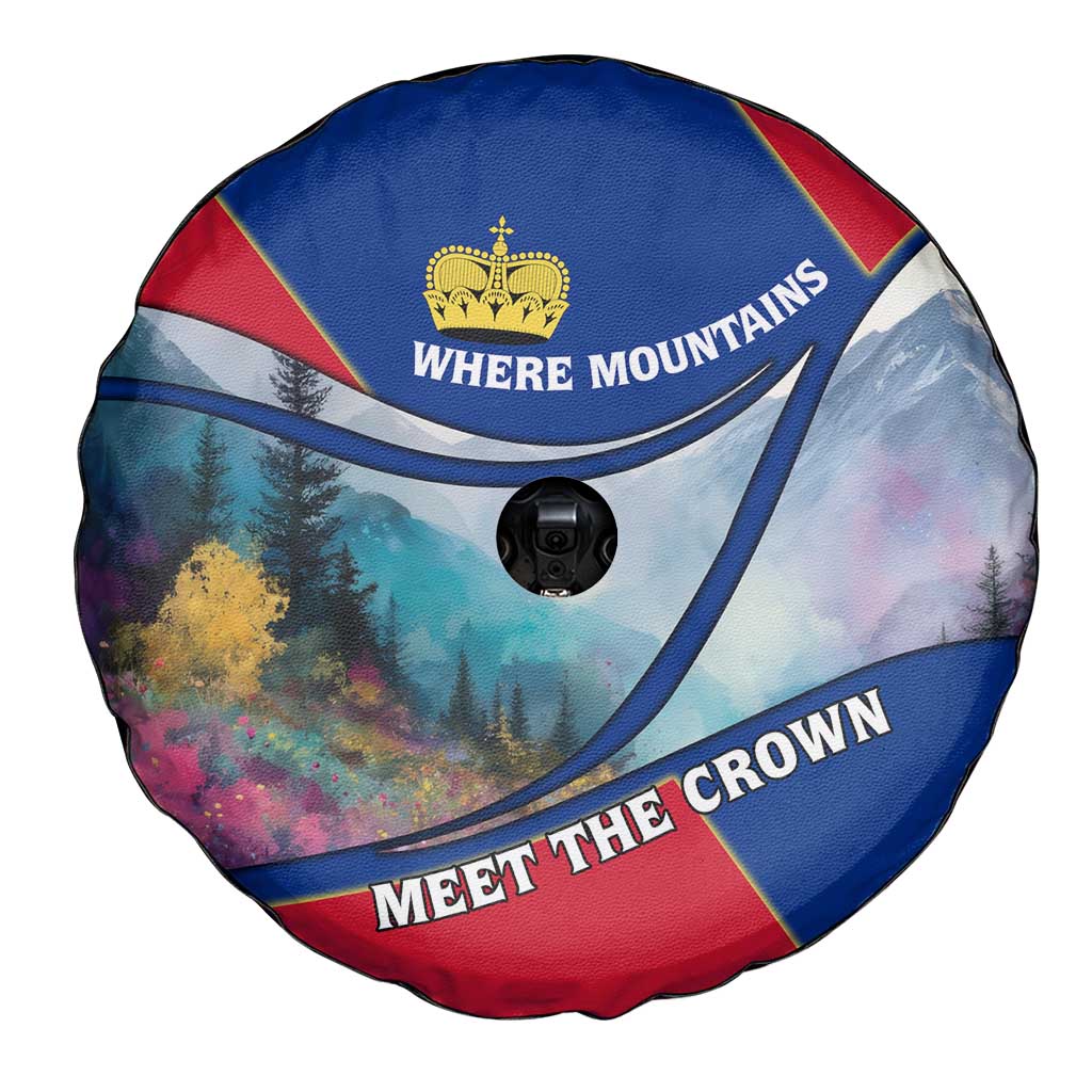 Liechtenstein Spare Tire Cover with Red Blue Mountain Landscape Design and Crown Emblem - Wonder Print Shop