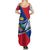 Liechtenstein Summer Maxi Dress with Red Blue Mountain Landscape Design and Crown Emblem - Wonder Print Shop