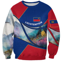 Liechtenstein Sweatshirt with Red Blue Mountain Landscape Design and Crown Emblem - Wonder Print Shop