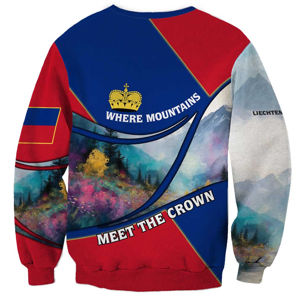 Liechtenstein Sweatshirt with Red Blue Mountain Landscape Design and Crown Emblem - Wonder Print Shop
