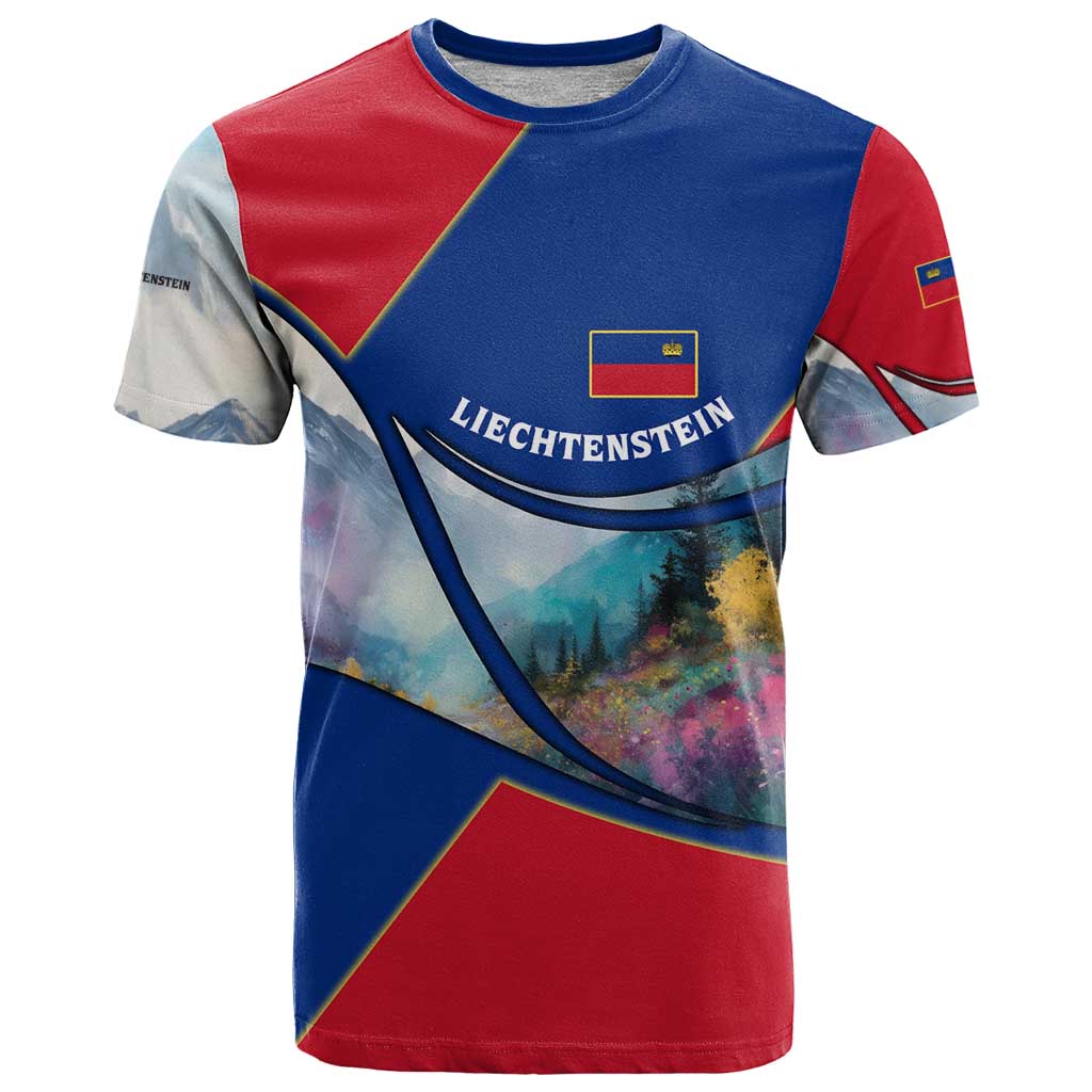 Liechtenstein T Shirt with Red Blue Mountain Landscape Design and Crown Emblem - Wonder Print Shop
