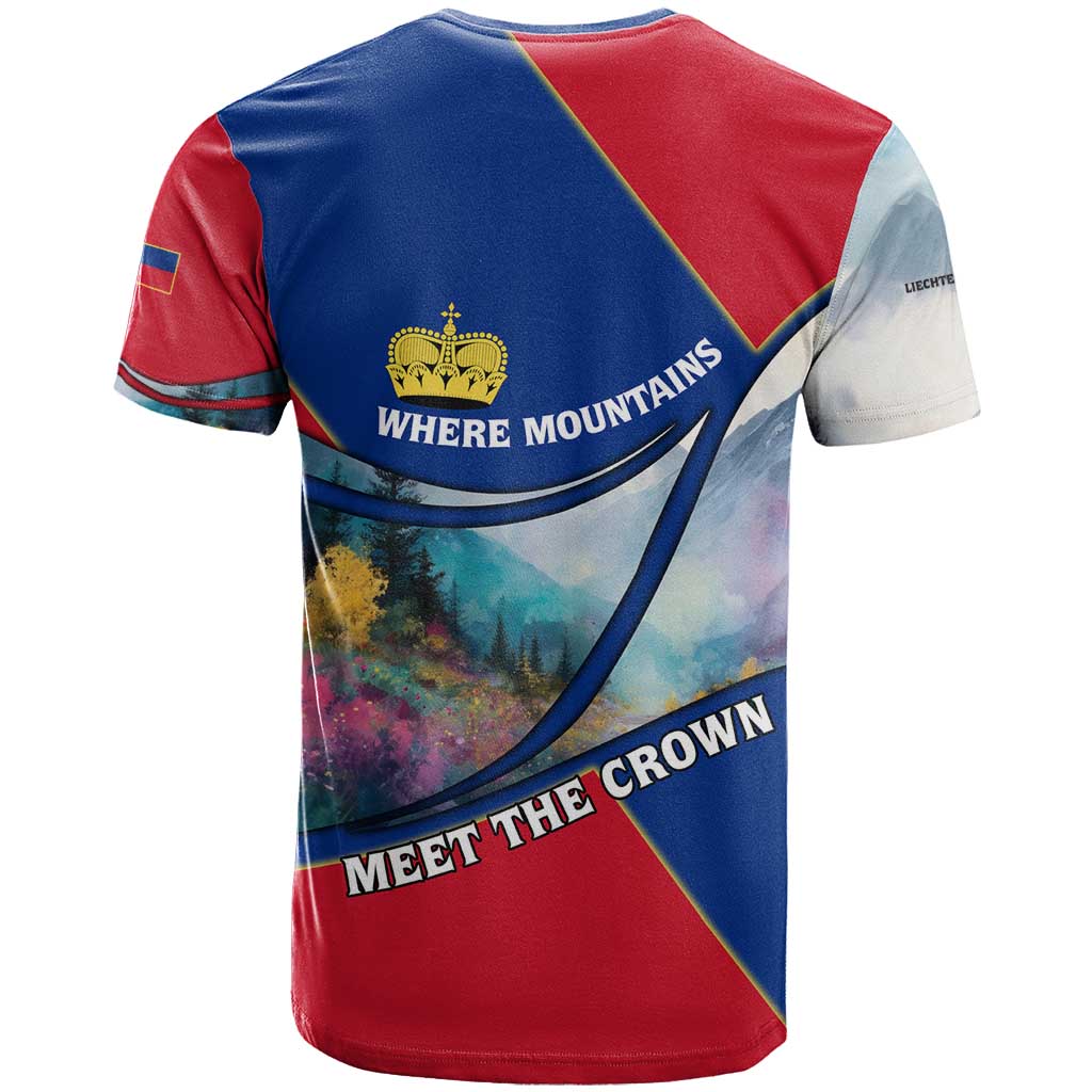 Liechtenstein T Shirt with Red Blue Mountain Landscape Design and Crown Emblem - Wonder Print Shop