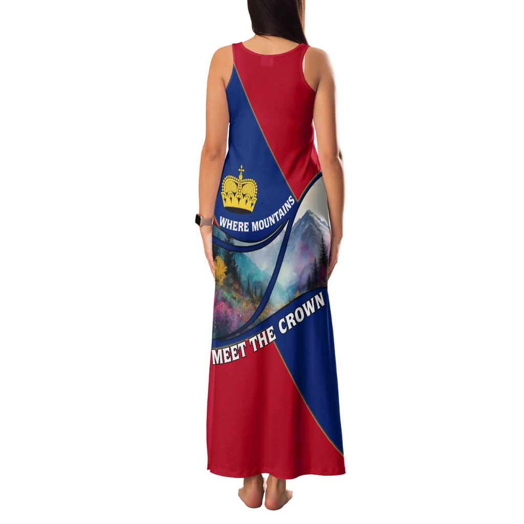Liechtenstein Tank Maxi Dress with Red Blue Mountain Landscape Design and Crown Emblem - Wonder Print Shop