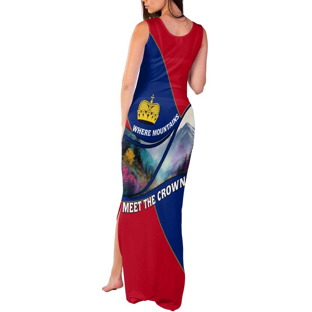Liechtenstein Tank Maxi Dress with Red Blue Mountain Landscape Design and Crown Emblem - Wonder Print Shop