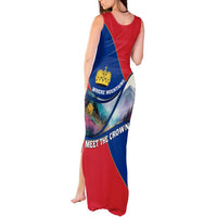 Liechtenstein Tank Maxi Dress with Red Blue Mountain Landscape Design and Crown Emblem - Wonder Print Shop