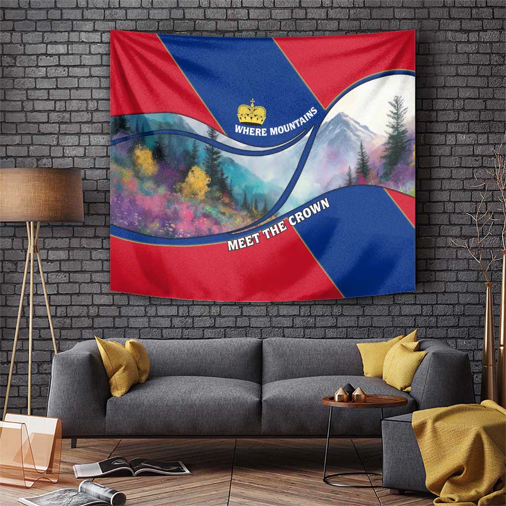 Liechtenstein Tapestry with Red Blue Mountain Landscape Design and Crown Emblem - Wonder Print Shop