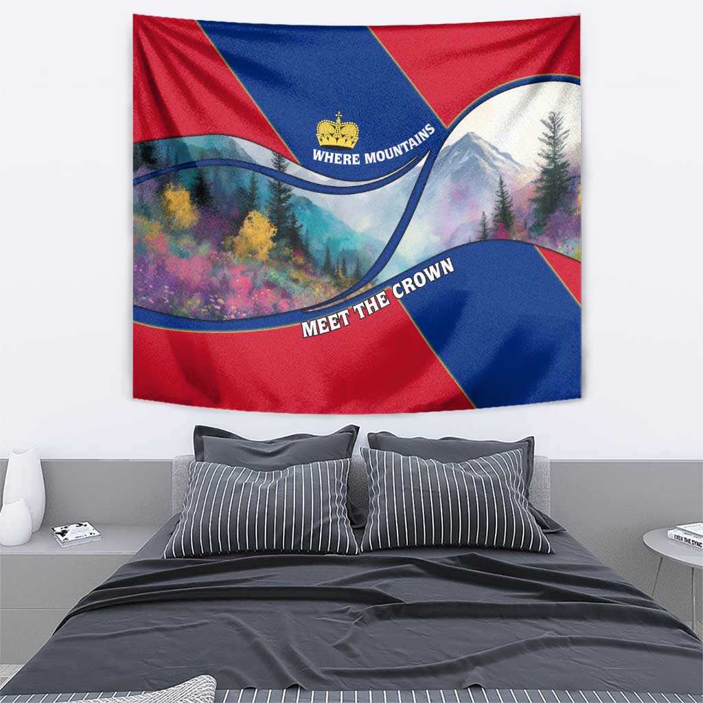 Liechtenstein Tapestry with Red Blue Mountain Landscape Design and Crown Emblem - Wonder Print Shop