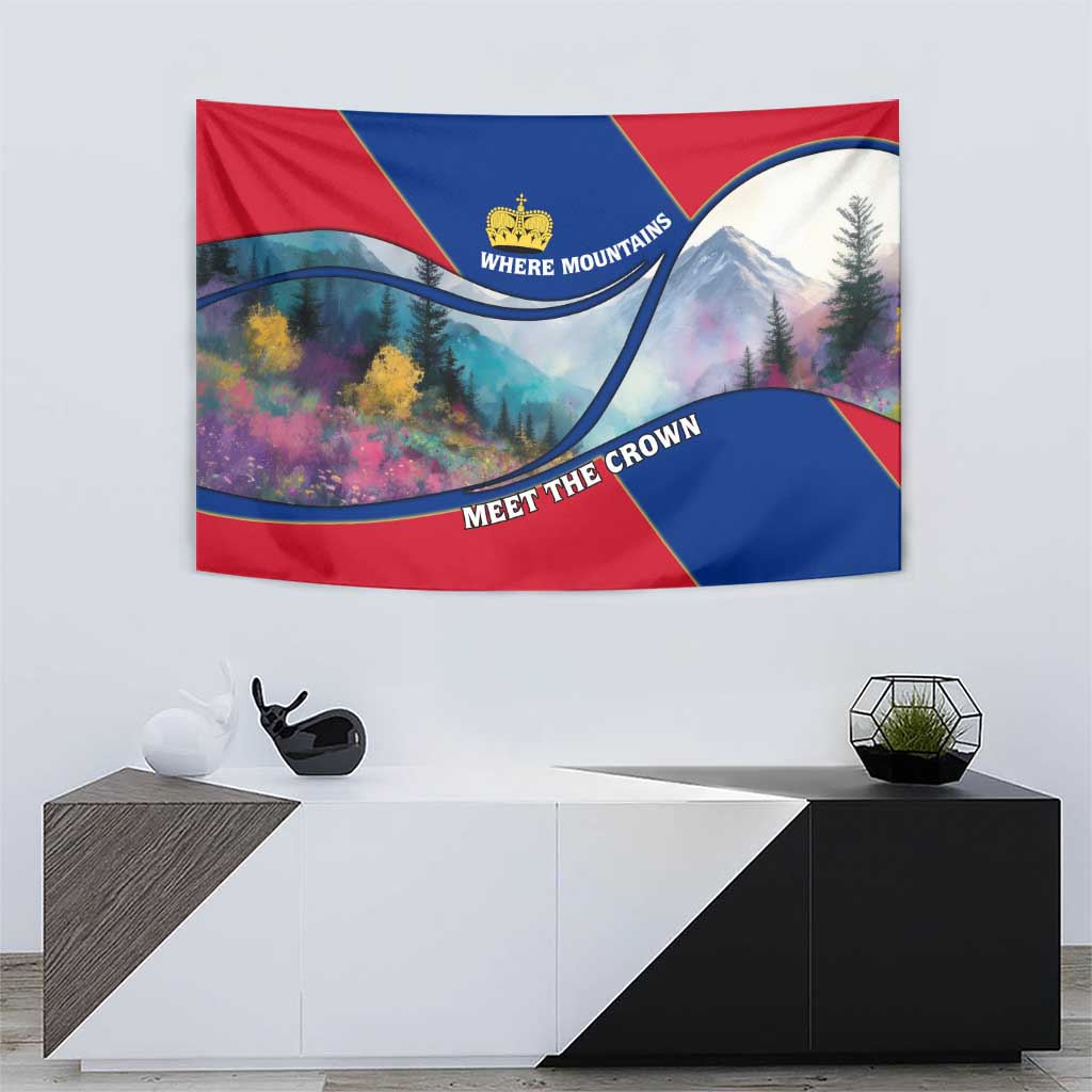 Liechtenstein Tapestry with Red Blue Mountain Landscape Design and Crown Emblem - Wonder Print Shop
