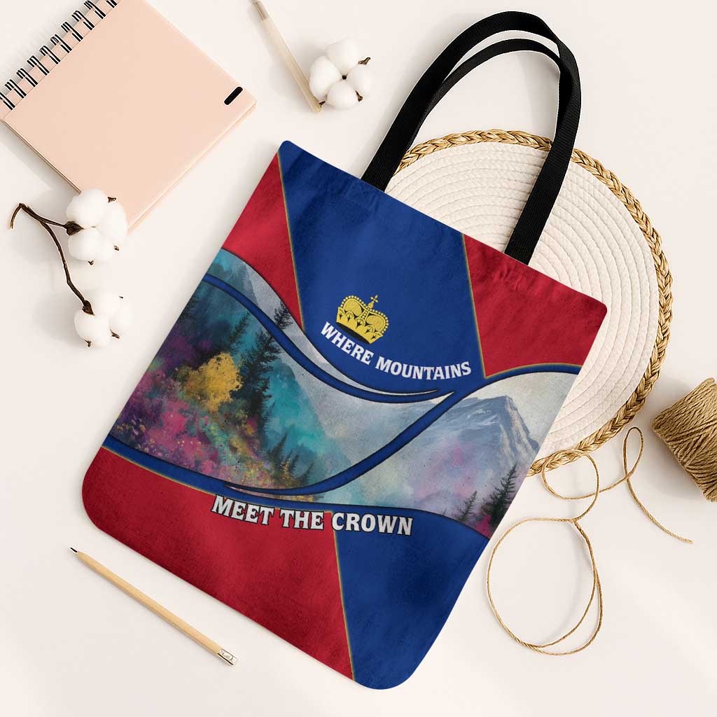 Liechtenstein Tote Bag with Red Blue Mountain Landscape Design and Crown Emblem - Wonder Print Shop