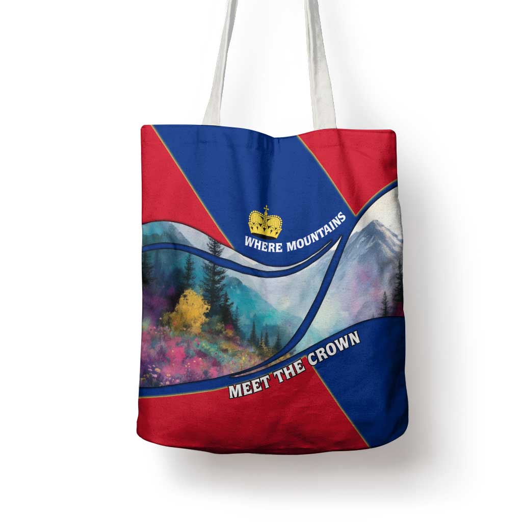 Liechtenstein Tote Bag with Red Blue Mountain Landscape Design and Crown Emblem - Wonder Print Shop