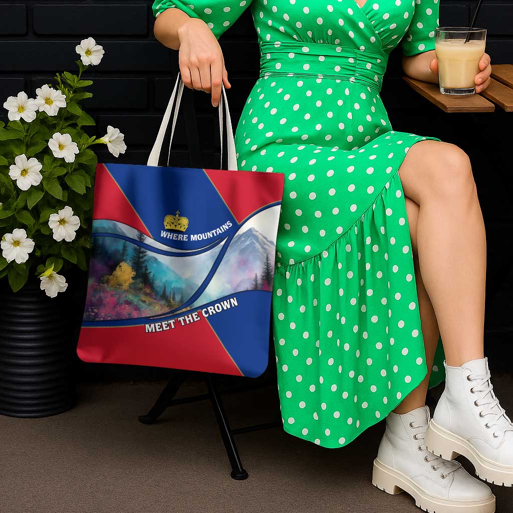 Liechtenstein Tote Bag with Red Blue Mountain Landscape Design and Crown Emblem - Wonder Print Shop