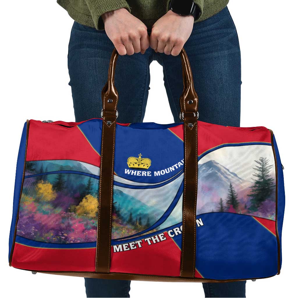 Liechtenstein Travel Bag with Red Blue Mountain Landscape Design and Crown Emblem - Wonder Print Shop