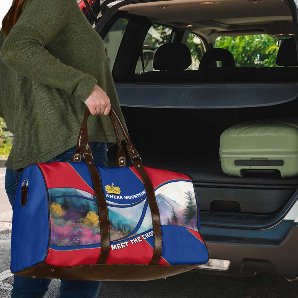 Liechtenstein Travel Bag with Red Blue Mountain Landscape Design and Crown Emblem - Wonder Print Shop