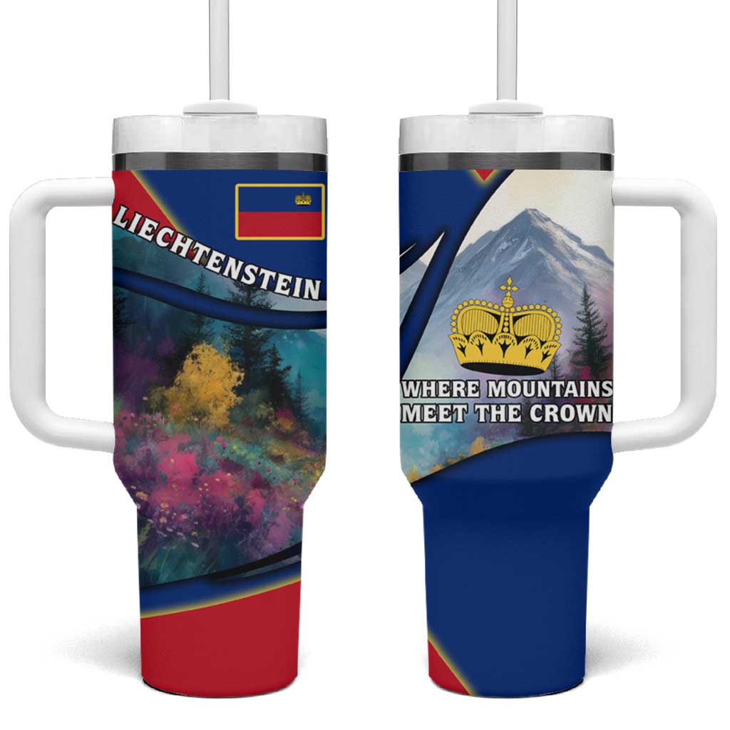 Liechtenstein Tumbler With Handle with Red Blue Mountain Landscape Design and Crown Emblem - Wonder Print Shop