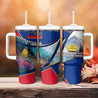 Liechtenstein Tumbler With Handle with Red Blue Mountain Landscape Design and Crown Emblem - Wonder Print Shop