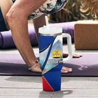 Liechtenstein Tumbler With Handle with Red Blue Mountain Landscape Design and Crown Emblem - Wonder Print Shop