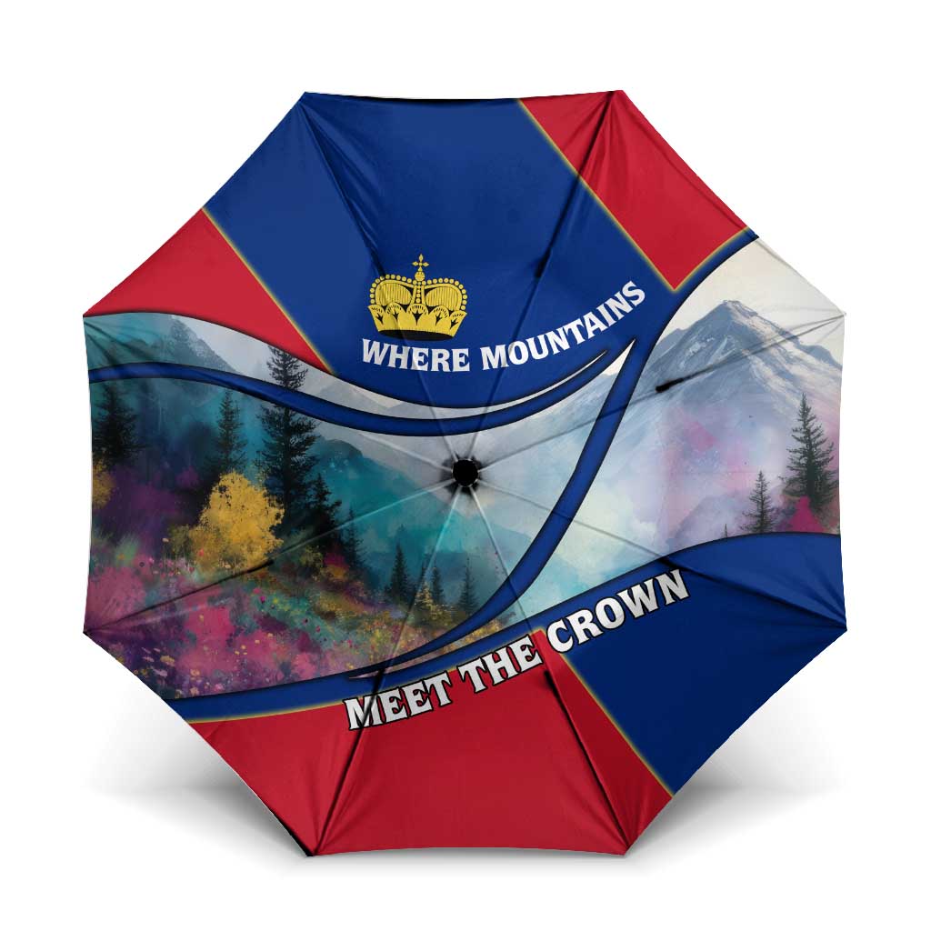 Liechtenstein Umbrella with Red Blue Mountain Landscape Design and Crown Emblem - Wonder Print Shop