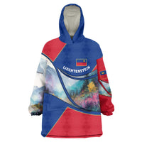 Liechtenstein Wearable Blanket Hoodie with Red Blue Mountain Landscape Design and Crown Emblem - Wonder Print Shop