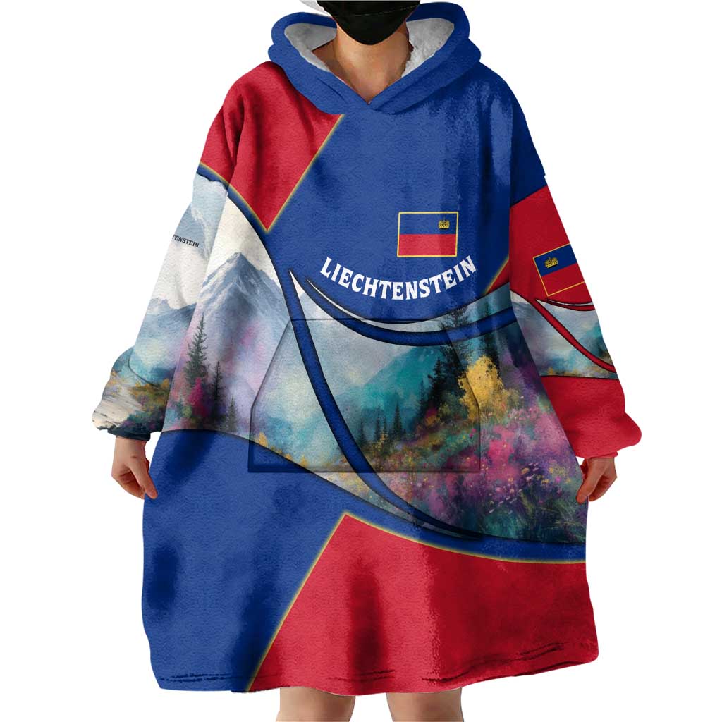 Liechtenstein Wearable Blanket Hoodie with Red Blue Mountain Landscape Design and Crown Emblem - Wonder Print Shop