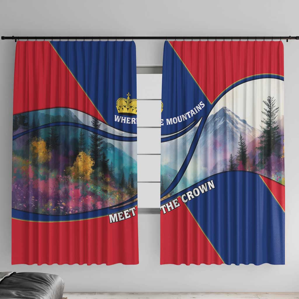 Liechtenstein Window Curtain with Red Blue Mountain Landscape Design and Crown Emblem - Wonder Print Shop