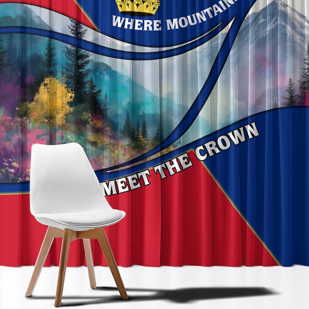 Liechtenstein Window Curtain with Red Blue Mountain Landscape Design and Crown Emblem - Wonder Print Shop