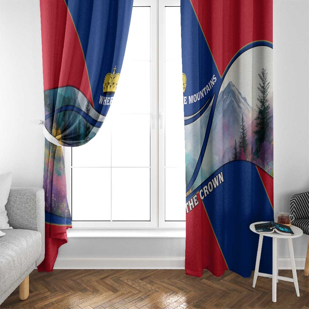 Liechtenstein Window Curtain with Red Blue Mountain Landscape Design and Crown Emblem - Wonder Print Shop