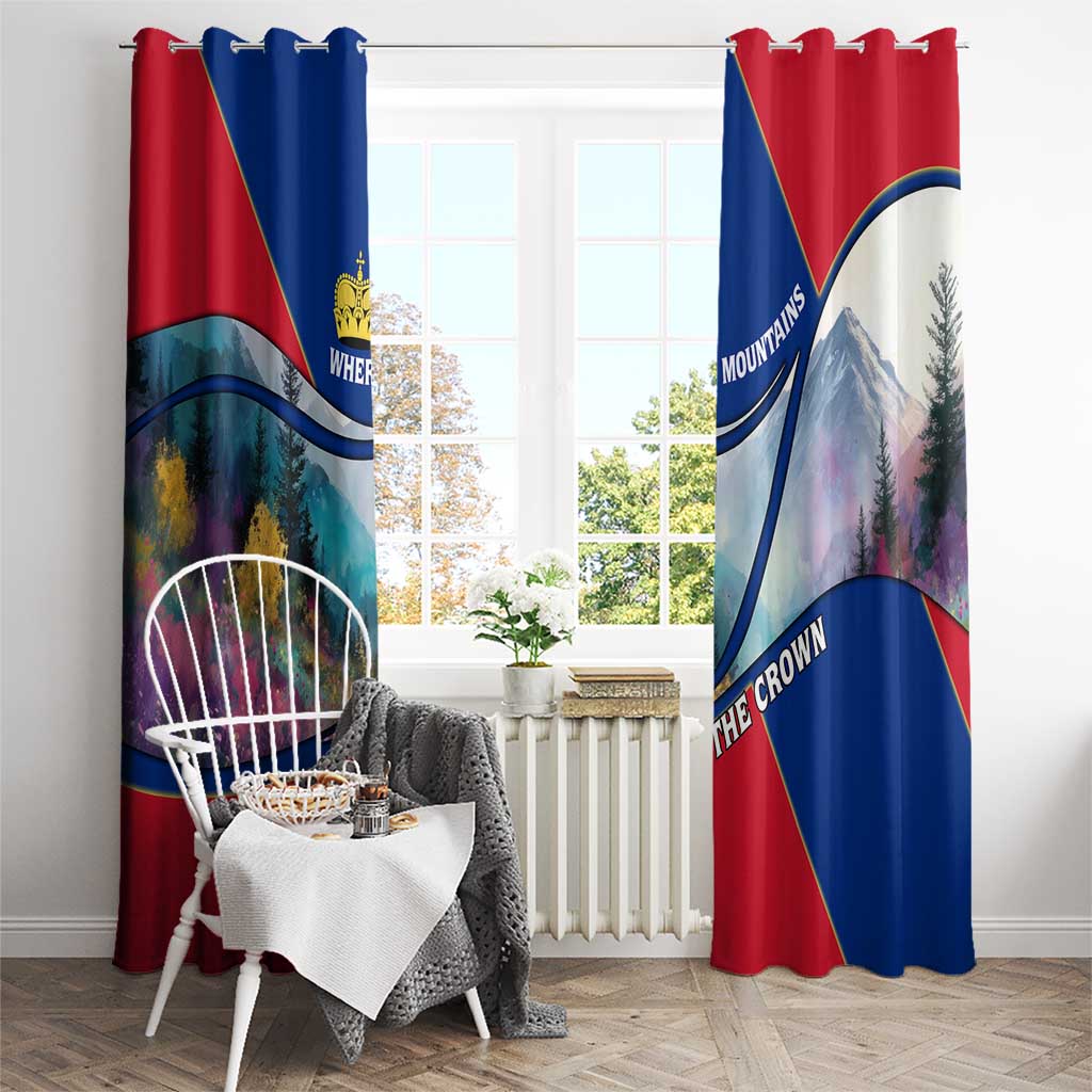 Liechtenstein Window Curtain with Red Blue Mountain Landscape Design and Crown Emblem - Wonder Print Shop