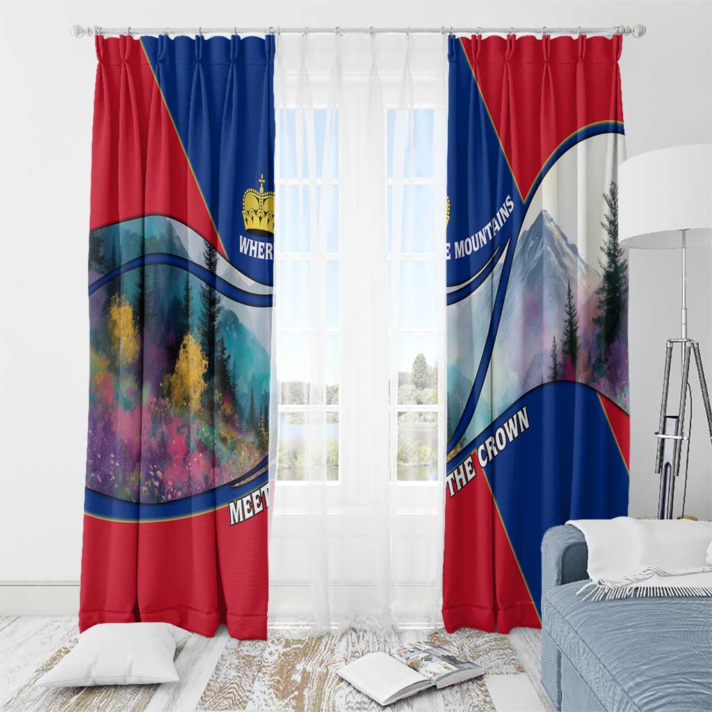 Liechtenstein Window Curtain with Red Blue Mountain Landscape Design and Crown Emblem - Wonder Print Shop
