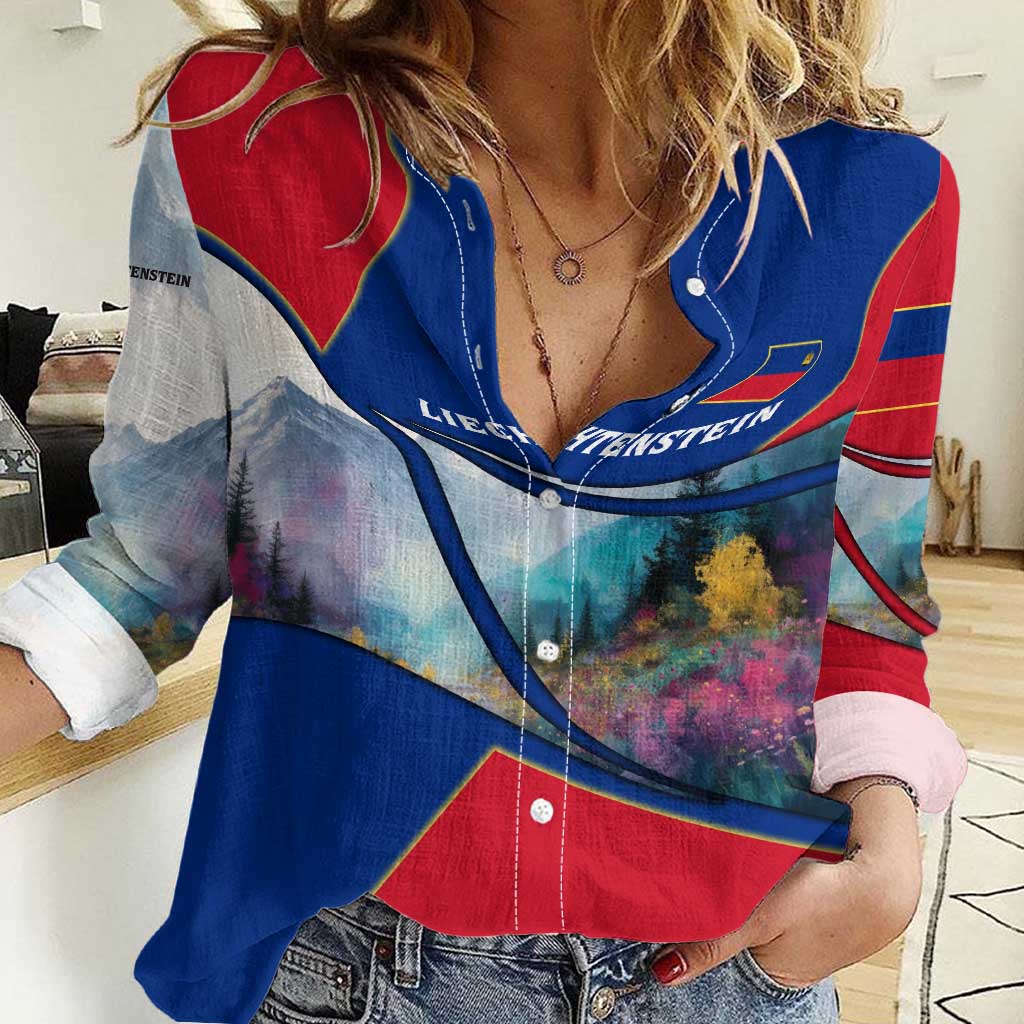 Liechtenstein Women Casual Shirt with Red Blue Mountain Landscape Design and Crown Emblem - Wonder Print Shop