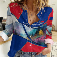 Liechtenstein Women Casual Shirt with Red Blue Mountain Landscape Design and Crown Emblem - Wonder Print Shop