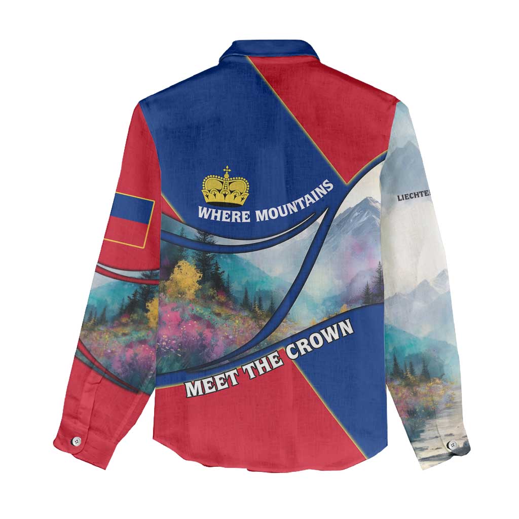 Liechtenstein Women Casual Shirt with Red Blue Mountain Landscape Design and Crown Emblem - Wonder Print Shop