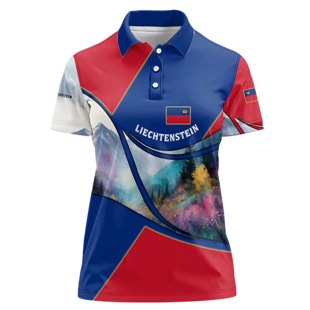 Liechtenstein Women Polo Shirt with Red Blue Mountain Landscape Design and Crown Emblem - Wonder Print Shop