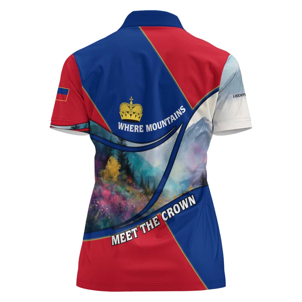 Liechtenstein Women Polo Shirt with Red Blue Mountain Landscape Design and Crown Emblem - Wonder Print Shop