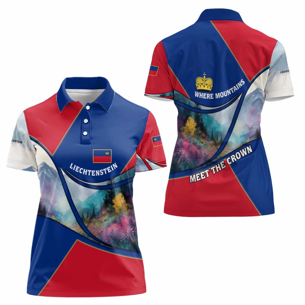 Liechtenstein Women Polo Shirt with Red Blue Mountain Landscape Design and Crown Emblem - Wonder Print Shop
