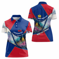 Liechtenstein Women Polo Shirt with Red Blue Mountain Landscape Design and Crown Emblem - Wonder Print Shop