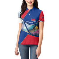 Liechtenstein Women Polo Shirt with Red Blue Mountain Landscape Design and Crown Emblem - Wonder Print Shop