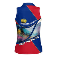 Liechtenstein Women Sleeveless Polo Shirt with Red Blue Mountain Landscape Design and Crown Emblem - Wonder Print Shop