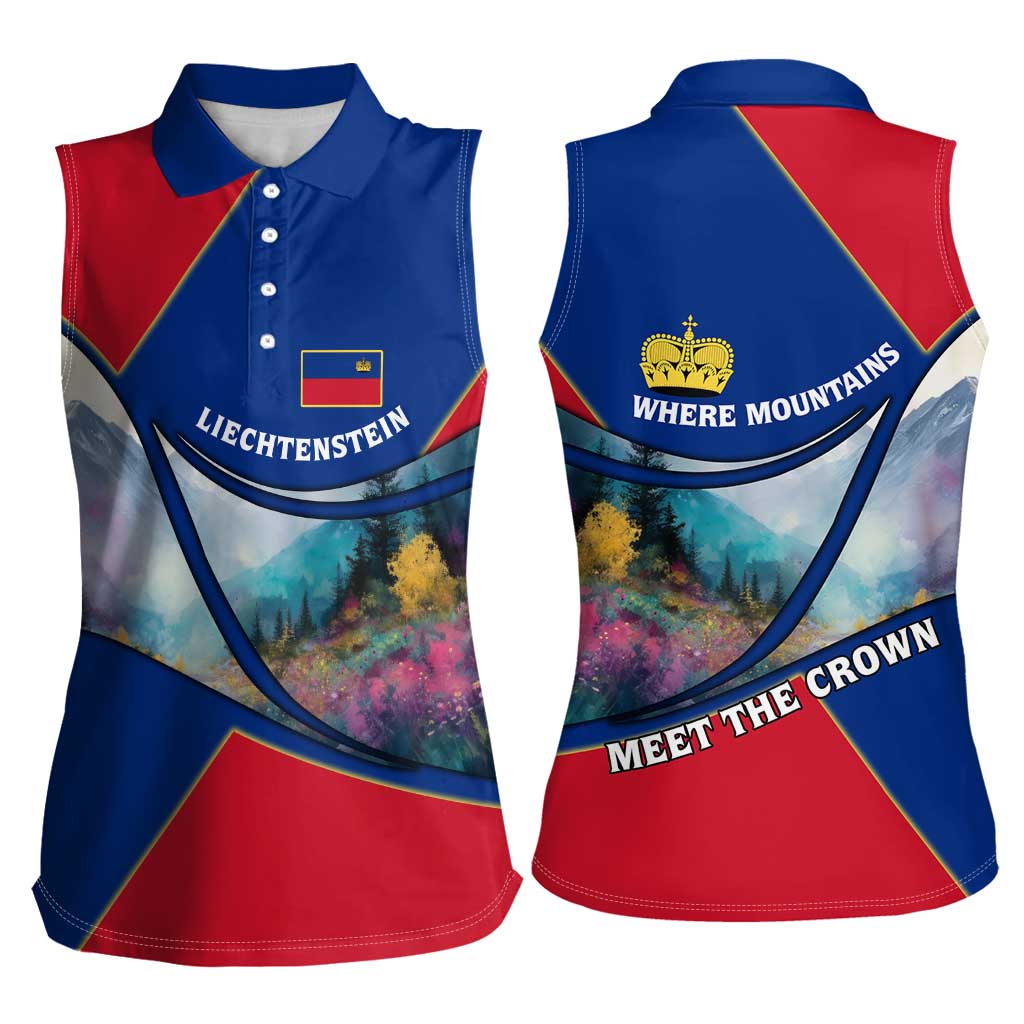Liechtenstein Women Sleeveless Polo Shirt with Red Blue Mountain Landscape Design and Crown Emblem - Wonder Print Shop