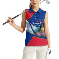 Liechtenstein Women Sleeveless Polo Shirt with Red Blue Mountain Landscape Design and Crown Emblem - Wonder Print Shop