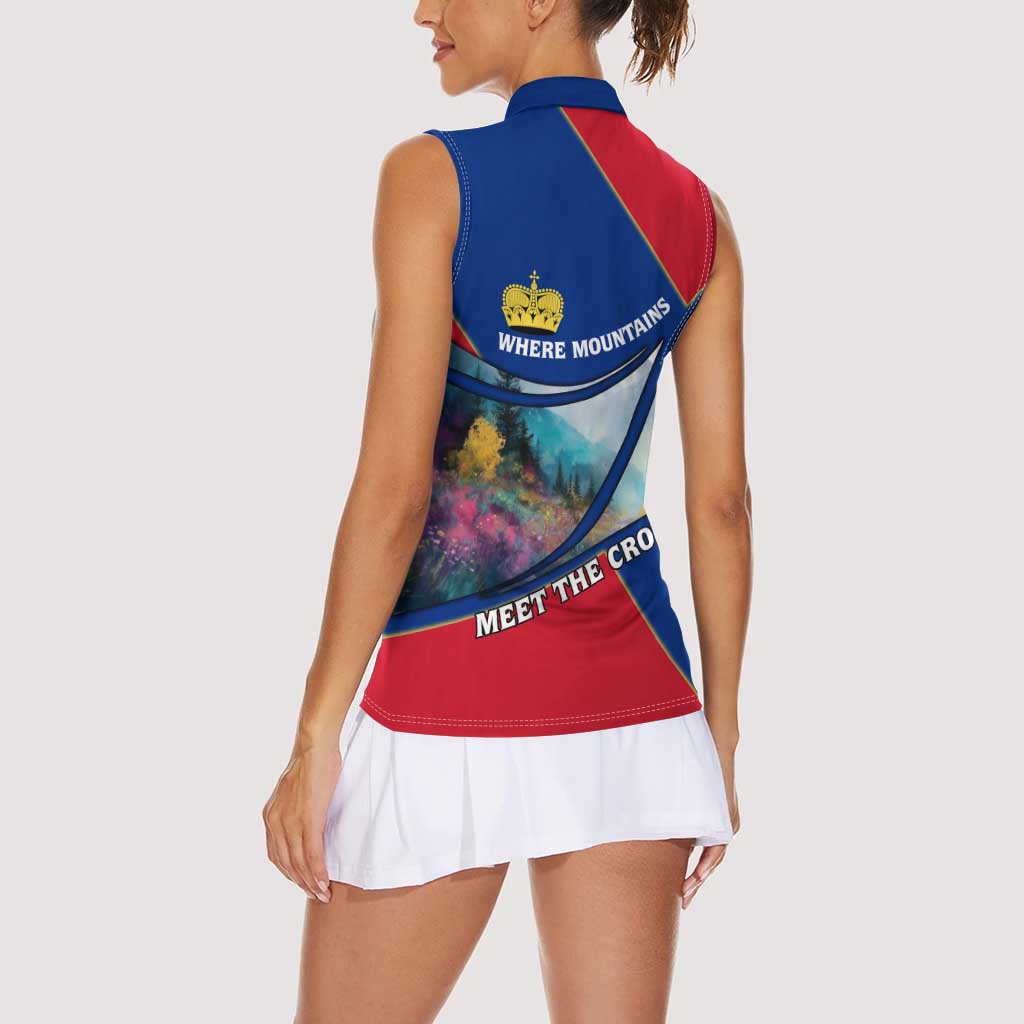 Liechtenstein Women Sleeveless Polo Shirt with Red Blue Mountain Landscape Design and Crown Emblem - Wonder Print Shop