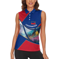 Liechtenstein Women Sleeveless Polo Shirt with Red Blue Mountain Landscape Design and Crown Emblem - Wonder Print Shop