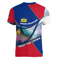 Liechtenstein Women V-Neck T-Shirt with Red Blue Mountain Landscape Design and Crown Emblem - Wonder Print Shop